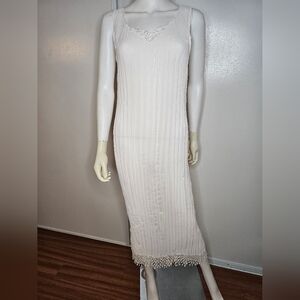 VTG Flore Elegant White Sleeveless Maxi Slip Dress Pleated Fringe